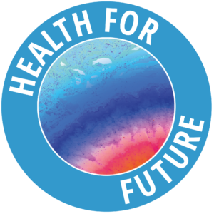 Die Abbildung zeigt das Logo von Health for Future. Zwei Kreise, deren äßerer Kreis hellblau gefärbt ist und Health for Future in weißer Farbe geschriebn enthält. der Innere Kreis besitzt einen Farbverlauf von hellblau über lila bis rot von links oben bis rechts unten.