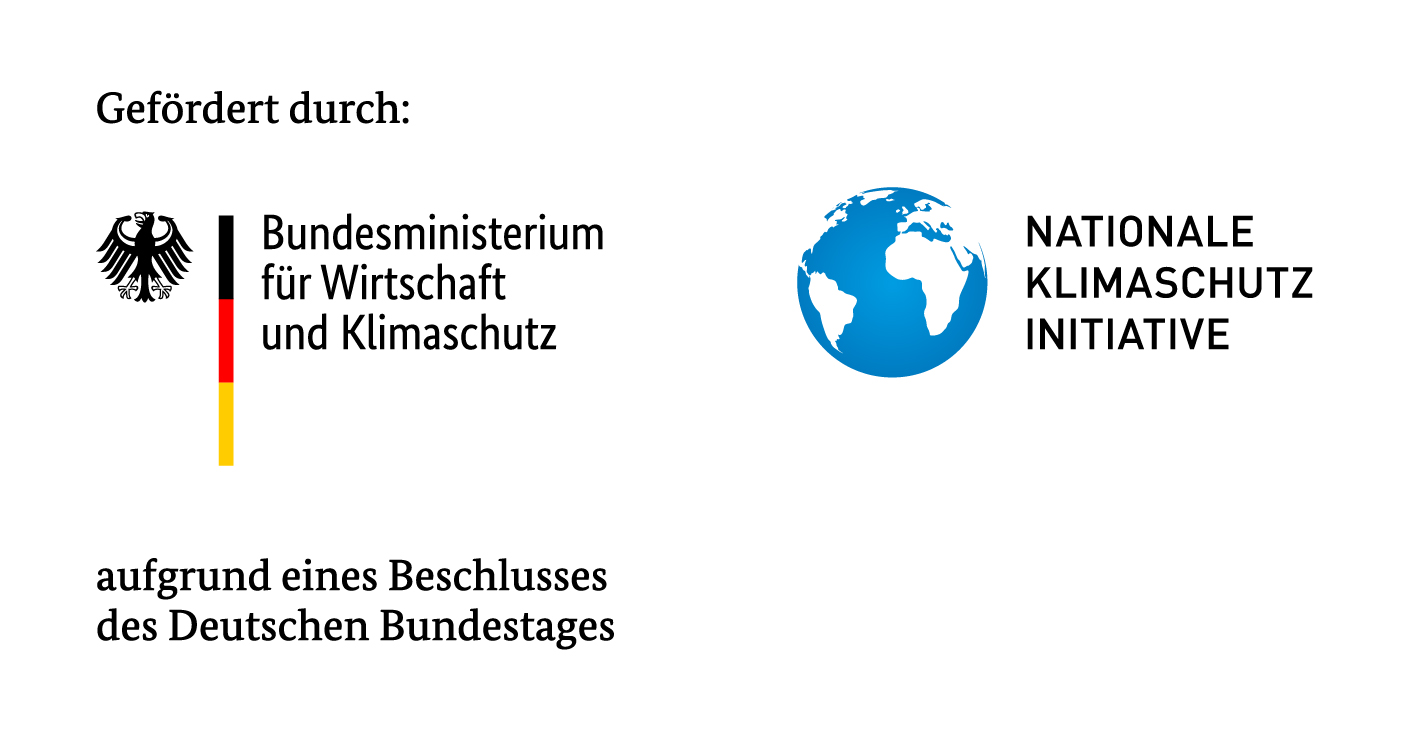 Logos des Bundesministeriums für Wirtschaft und Klimaschutz (BMWK) und der Nationalen Klimaschutzinitiative (NKI) inklusive Zusatztext "Gefördert durch BMWK und NKI aufgrund eines Beschlusses des Deutschen Bundestages.