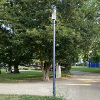 Leuchte im Schlossgarten an einer Weggabelung mit Baum im Hintergrund. (Bild: FAU/Flevaris)