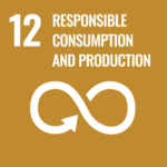 The Logo of the twelfth Sustainable Development Goal "Responsible consumption and production". It shows a recycling-cricle in the form of lying eight with an arrowhead heartbeat in front of a brownish yellow background.