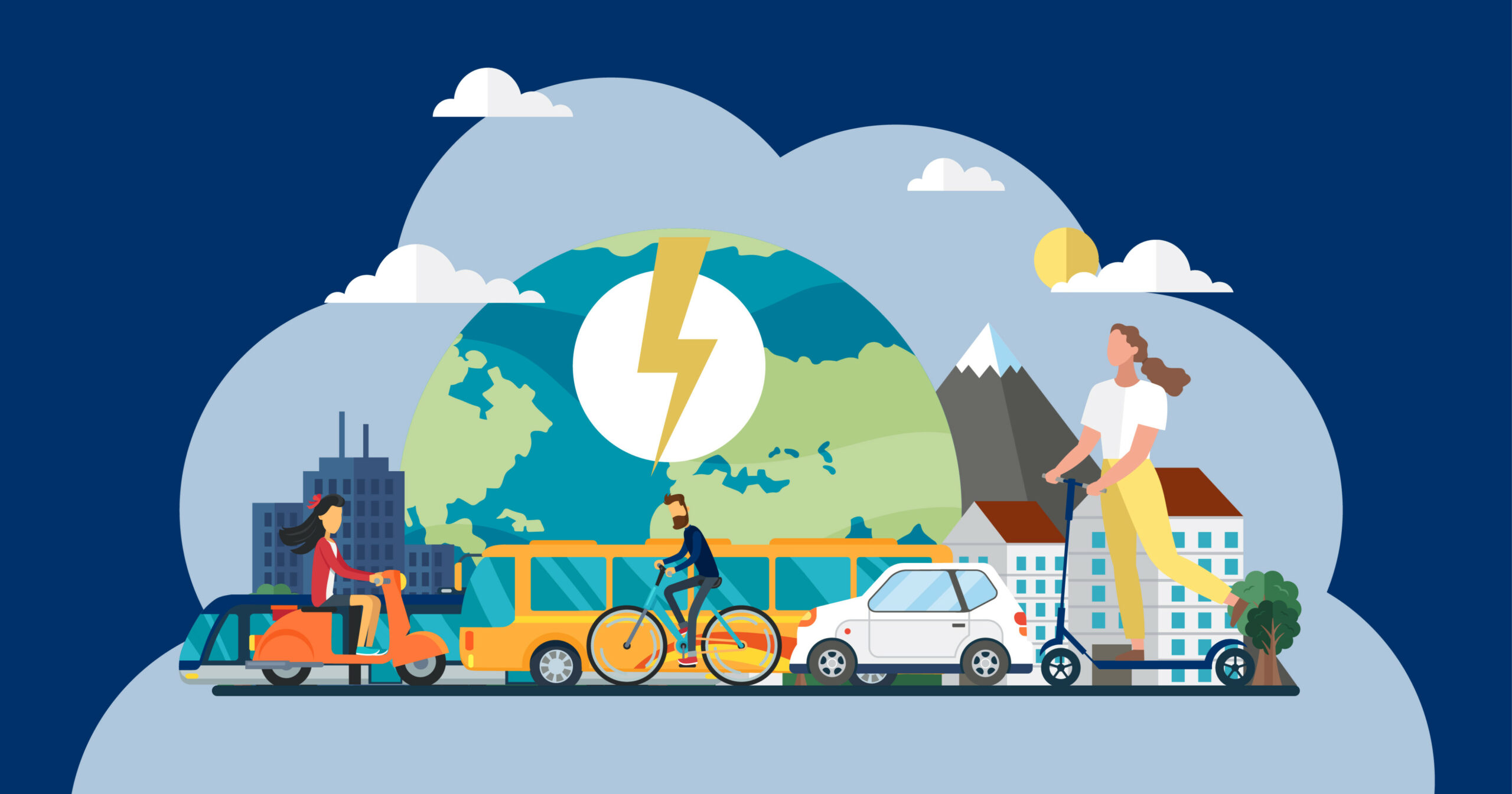 Zeichnung mit der Erde und Häusern und einem Berg im Hintergrund und verschiedenen Verkehrsmitteln (Motorroller, Bus, Bahn, Fahrrad, Auto, Tretroller) und Personen im Vordergrund.