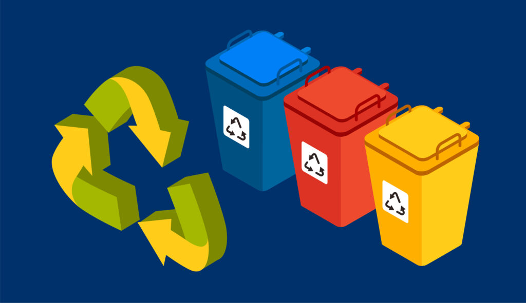 Recyclingsymbol und 3 farbige Mülleimer (blau, rot, gelb)
