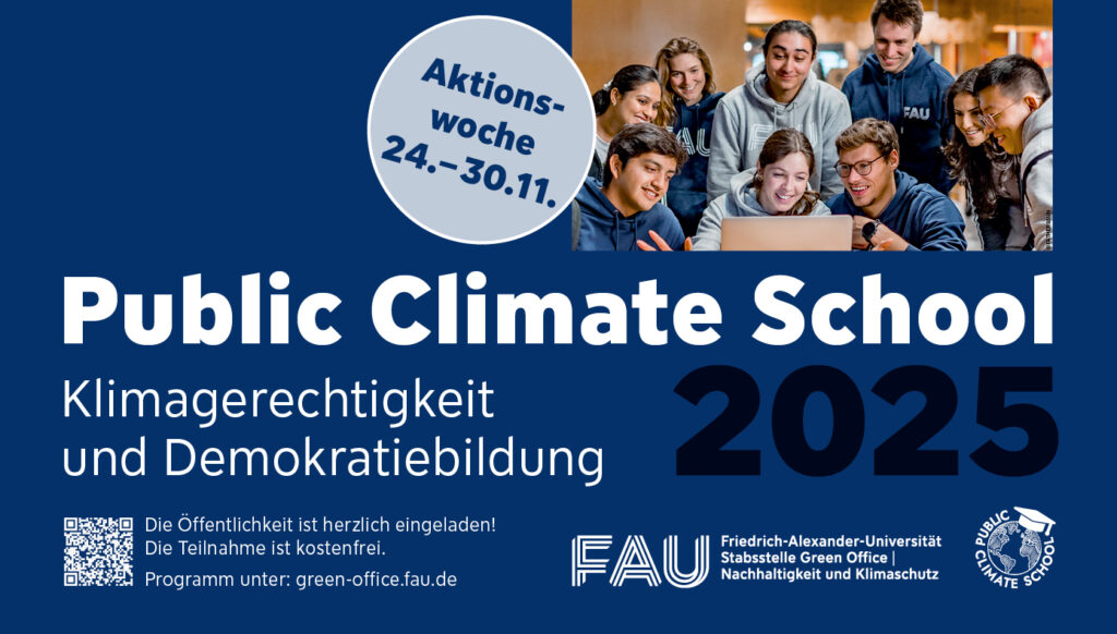 Das Bild zeigt FAU-Studierende, die FAU-Pullover tragen. Außerdem wird der Zeitraum der Aktionswoche mit dem 24.-30.11. angekündigt und per QR-Code auf das Programm verwiesen