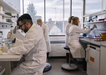 4 Personen sind in weiße Laborkittel gekleidet und arbeiten in einem Labor.