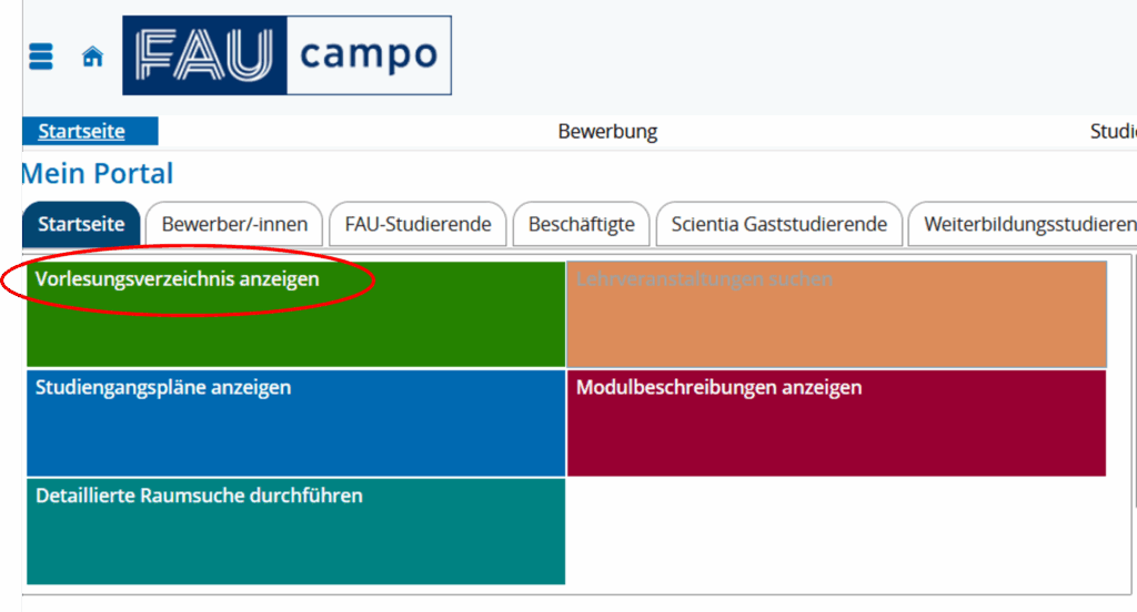 Auf dem Screenshot ist ein Auszug aus dem Vorlesungsverzeichnis auf campo zu sehen. Das Feld "Vorlesungsverzeichnis anzeigen" ist rot markiert und hervorgehoben.